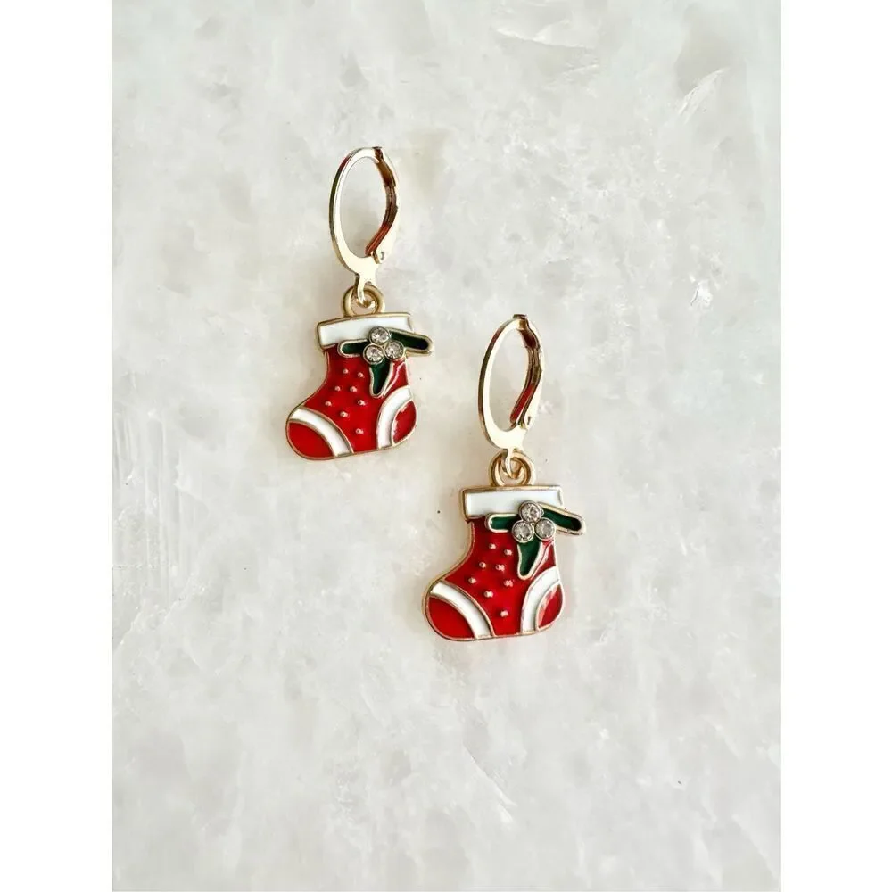 Dark green and red Christmas stocking dangle earring